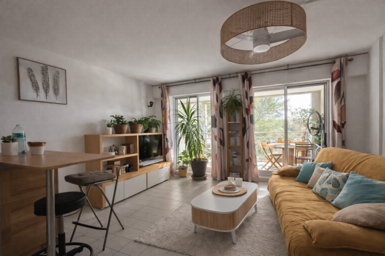 Salon moderne et lumineux avec canapé jaune